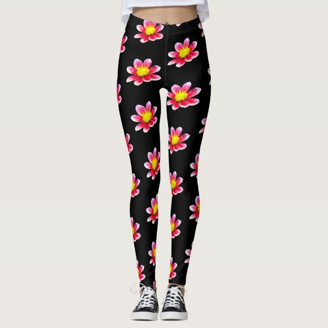 Legging Pernas Pretas da Impressão Floral Rosa Dahlia (Frente)