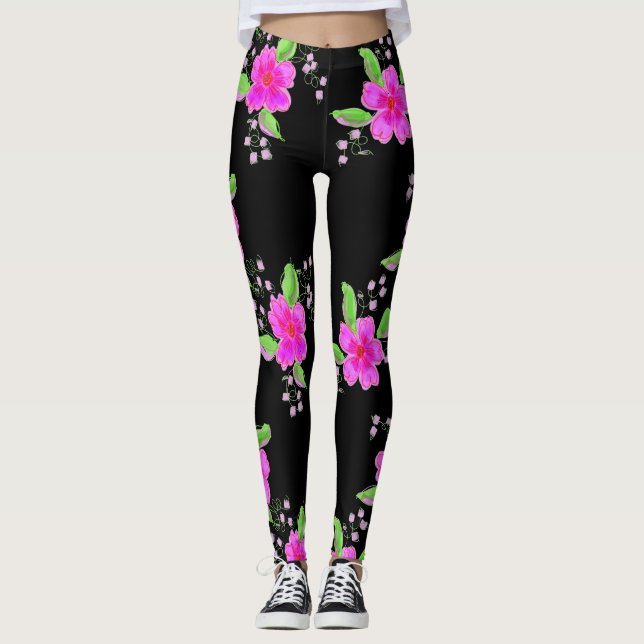 Legging Pernas Pretas na moda com Flores Rosa (Frente)