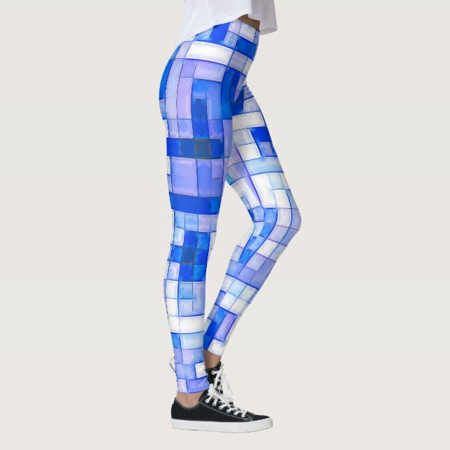 Legging Personalizar Padrão Geométrico Quadrado Branco Azu (Direita)