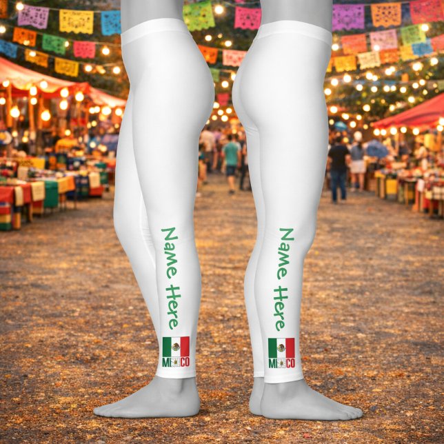 Legging Personalized Mexico Flag Name Design (White leggings with vertical Name and Mexico flag design on both sides, festive background.)