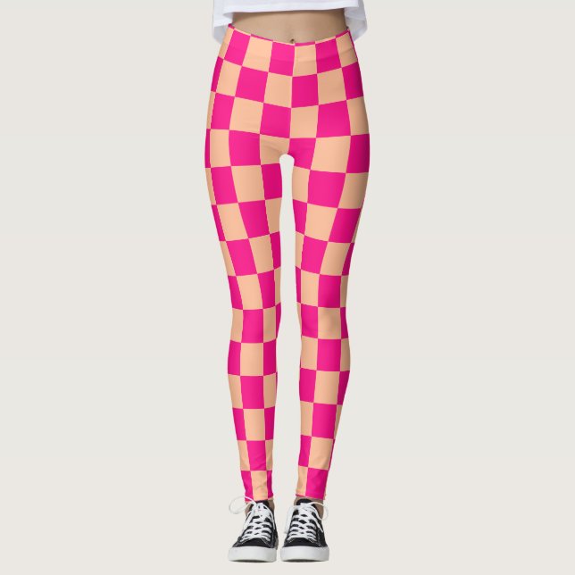 Legging Pêssego rosa-quente dos quadrados verificados retr (Frente)