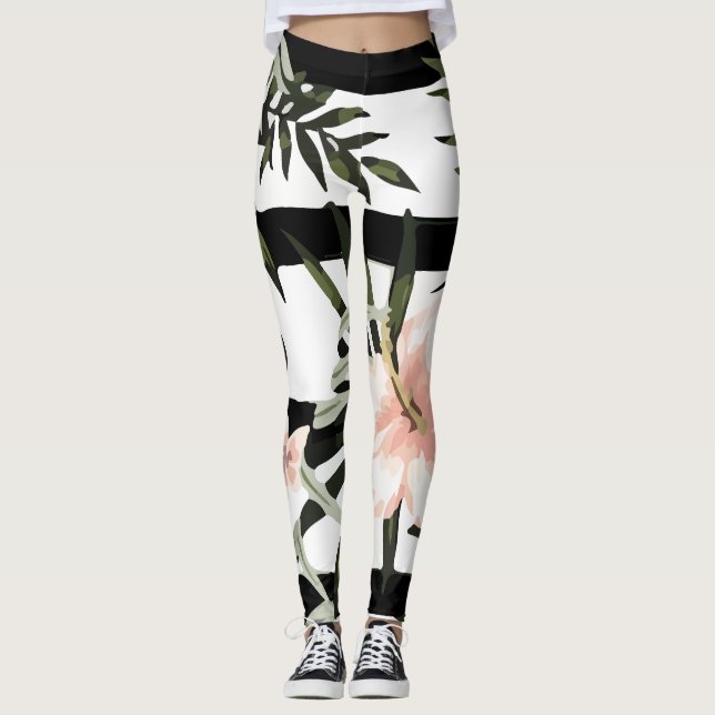 Legging Pêssego Tropical Hibiscus Plumeria Floral (Frente)