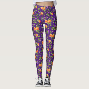 Legging Pêssegos Ameixas Púrpura Fruta Cuta Padrão Botânic