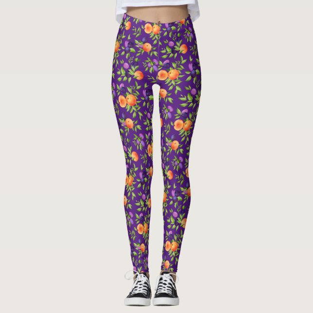 Legging Pêssegos Ameixas Púrpura Fruta Cuta Padrão Botânic (Frente)