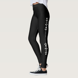 Legging Pessoal Bonito Elegante Preto Neutro Flor Diversão