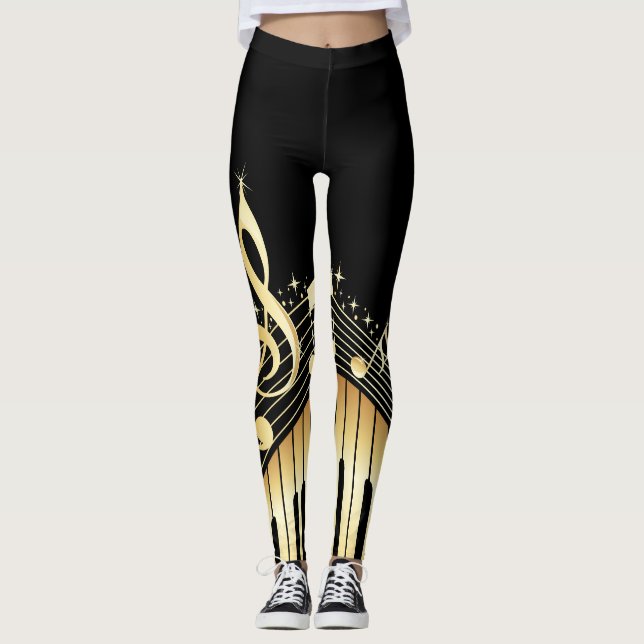 Legging Piano Key Musical Notes Douradas (Frente)