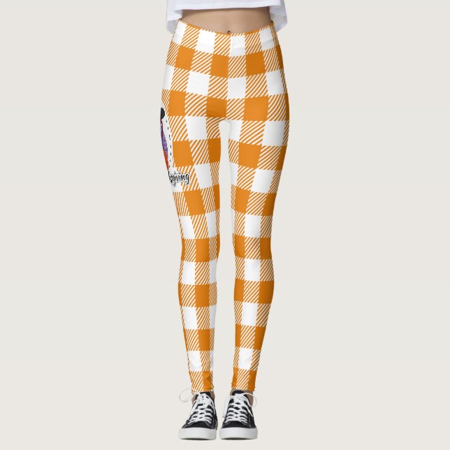Legging Pilgrim Owl em Orange Xadrez - Feliz Ação de Graça (Frente)