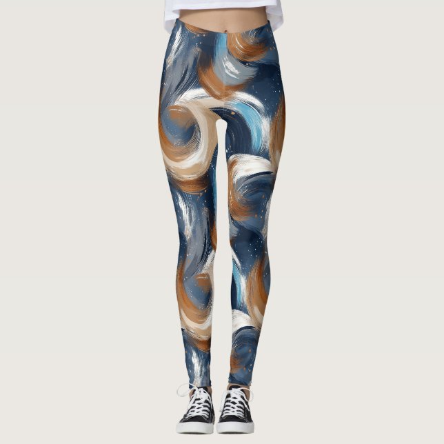 Legging Pincéis de Abstrato em azul, branco e castanho (Frente)