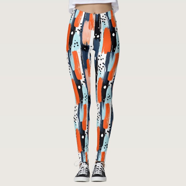 Legging Pinceladas Laranja Azul Padrão Abstrato (Frente)