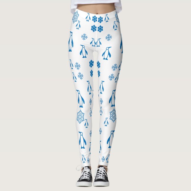 Legging Pinguins Azuis Elegantes Com Padrões De Neve (Frente)