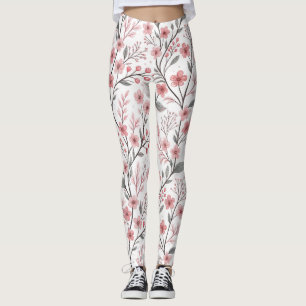 Legging Pink Cherry Blossom Sakura Pattern on White (1)