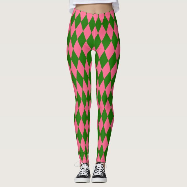 Legging Pink Green Harlequin Checkered Design  (Frente)