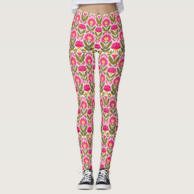 Legging Pink Mexican Talavera Flowers BOHO Chic Floral  (Frente)