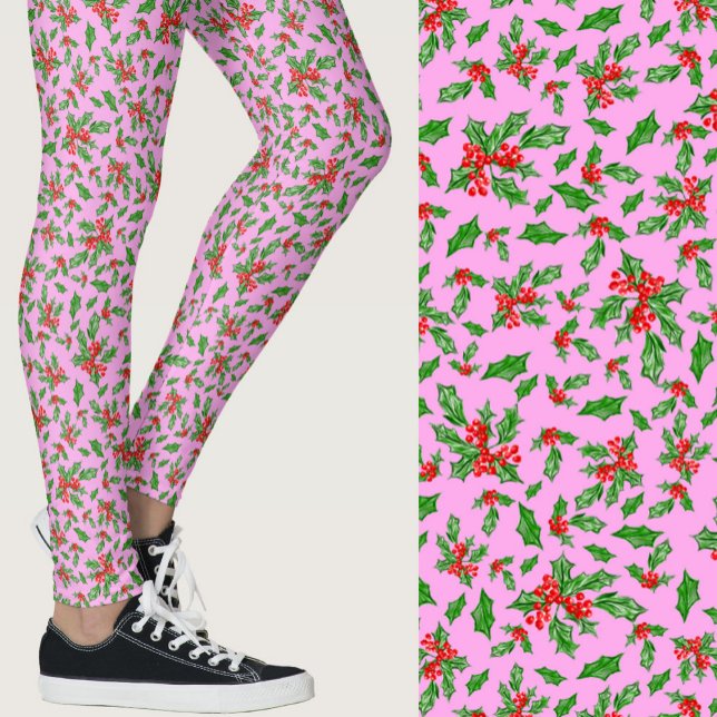 Legging Pink, red, and green holly Christmas Patterned (Criador carregado)