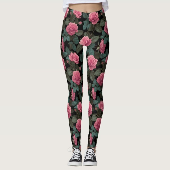 Legging Pink Roses on Black Floral Pattern (Frente)