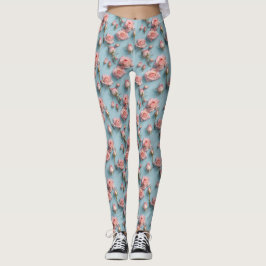 Legging Pink Roses Scattered Across Light Blue Background