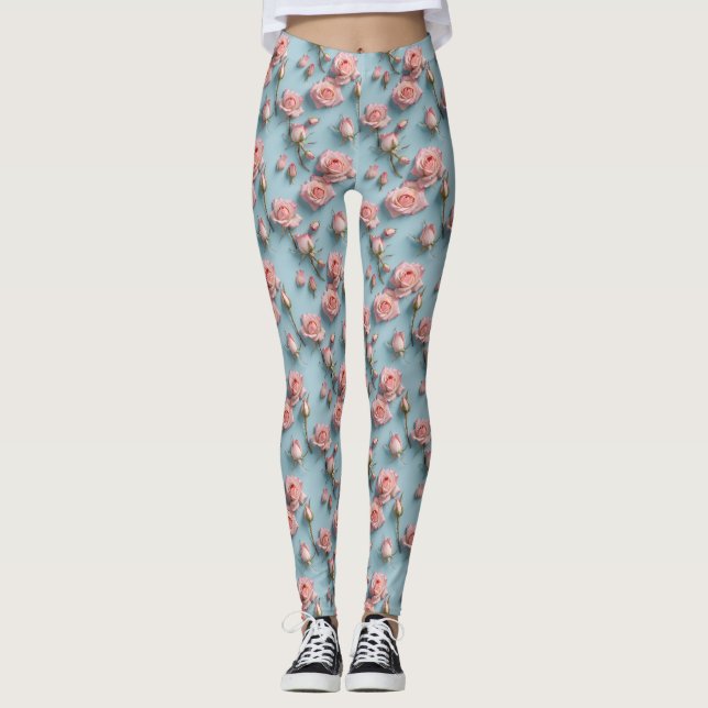 Legging Pink Roses Scattered Across Light Blue Background (Frente)