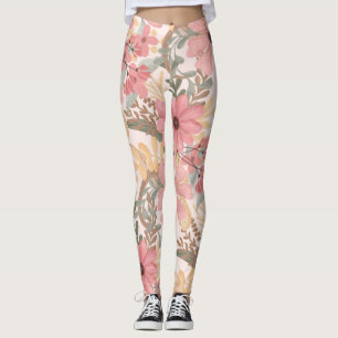 Legging Pink Sage Green Floral deixa padrão de aquarela