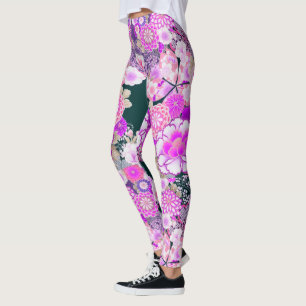 Legging PINK WHITE FLOWERS Peony, Rosa Japonês Floral 