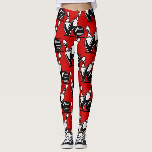 Legging Pinos de Boliche Retro Preto e Branco sobre Vermel (Frente)