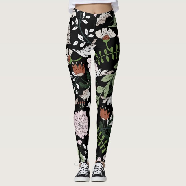 Legging Pintadas Mãos Antigas Flores De Engrenagem (Frente)