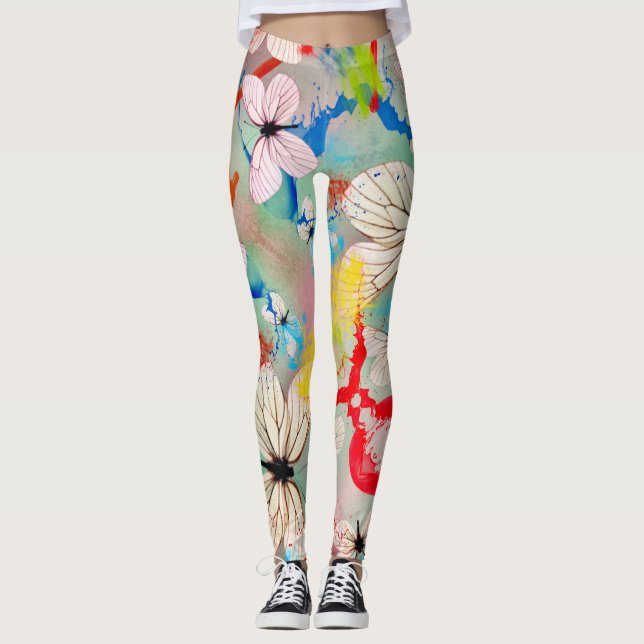 Legging Pintas de pintura de borboletas brancas e traçados (Frente)
