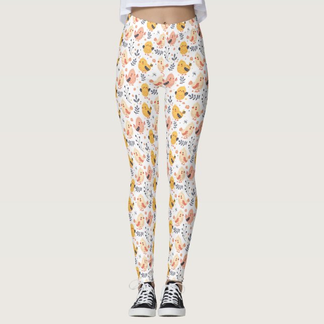 Legging Pintinhos Primavera e padrão floral bonitos (Frente)