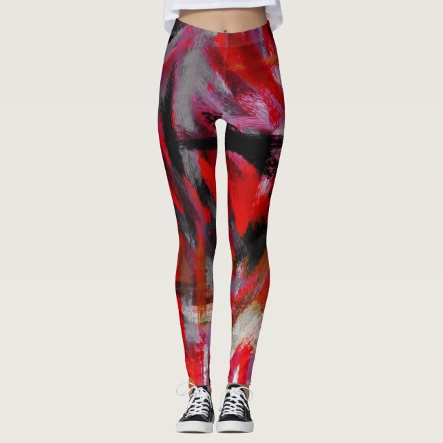 Legging Pintura a Abstrato preto vermelho rosa #3 (Frente)