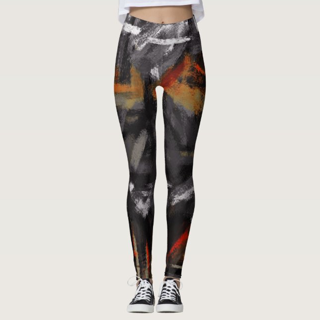 Legging Pintura Abstrata Preto Branco Laranja (Frente)