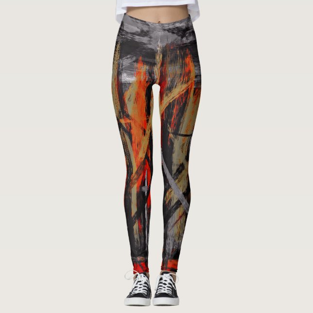 Legging Pintura Abstrato de Laranja Vermelho Negro #2 (Frente)
