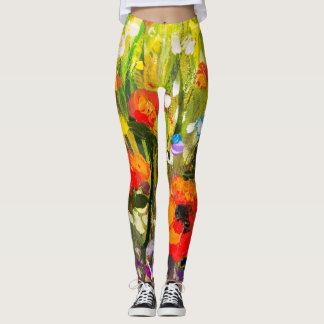 Legging Pintura de Abstrato de Campo de Poppies Vermelhos