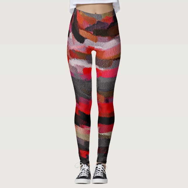 Legging Pintura de Abstrato preto vermelho laranja vermelh (Frente)