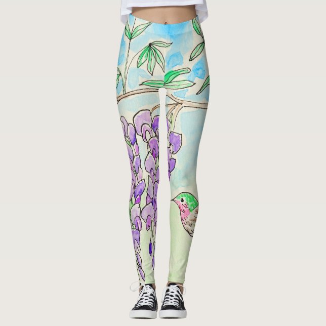 Legging Pintura de Hummingbird e Wisteria (Frente)