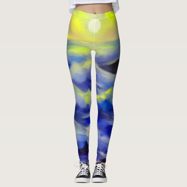 Legging Pintura de ondas azuis escuras sob o sol (Frente)