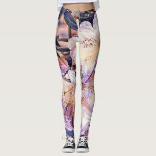 Legging Pintura em aquarela com flor de azeea roxa