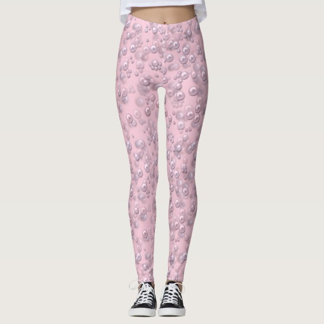 Legging Placas de pérolas brancas-rosadas em veludo rosa (Frente)