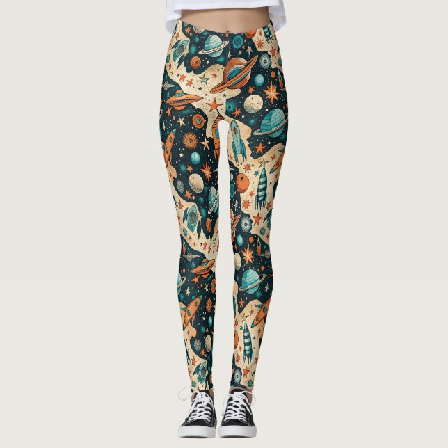 Legging Plano de Foguete Espacial Retro Planetas Laranja T (Frente)