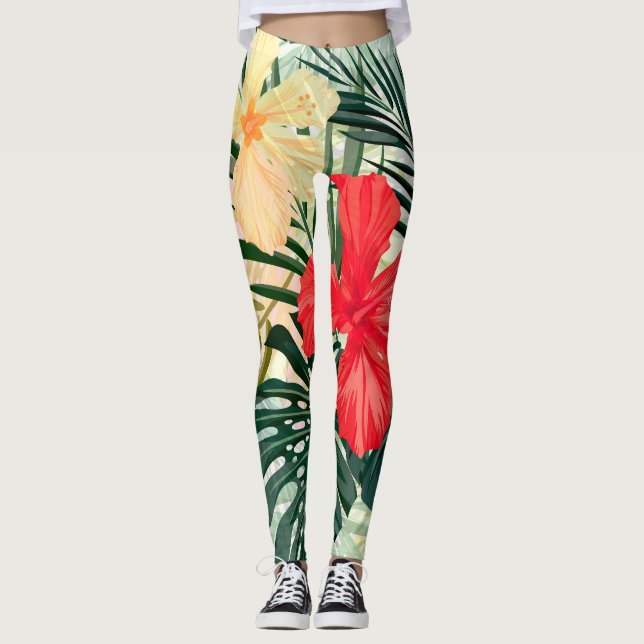 Legging Plantas tropicais havaianas, flores coloridas. (Frente)
