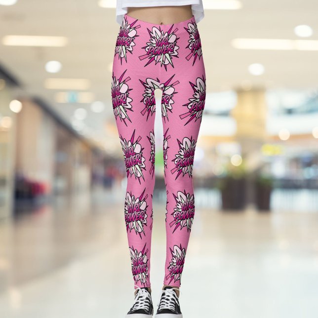 Legging PODER FEMININO História em Quadrinhos Arte Pop Ros (GIRL POWER Comic Book Pop Art Pink Leggings)