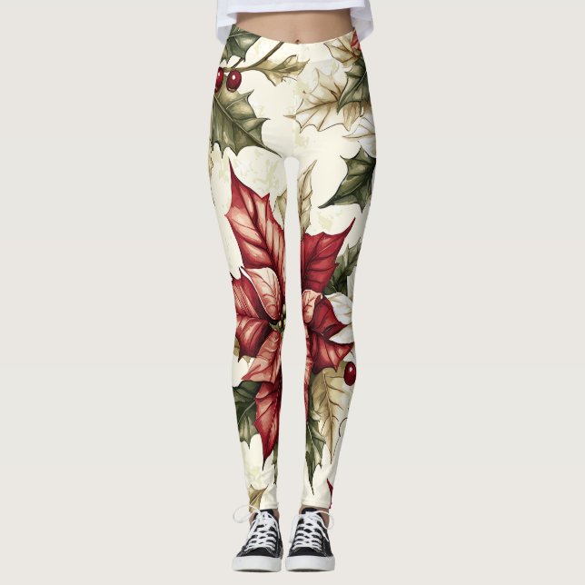 Legging Poinsettia Padrão Floral de Natal (4) (Frente)