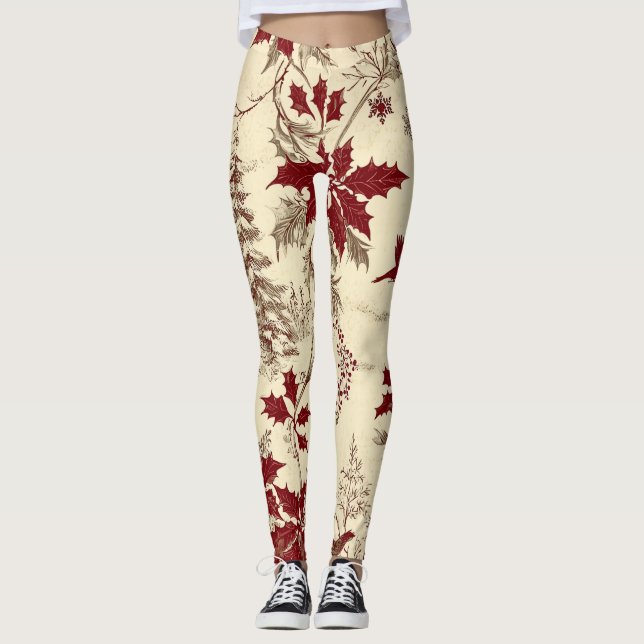 Legging Poinsettia Padrão Floral de Natal (8) (Frente)