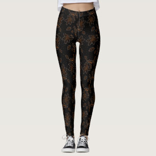 Legging Ponto Dourado do padrão Batik Floral preto