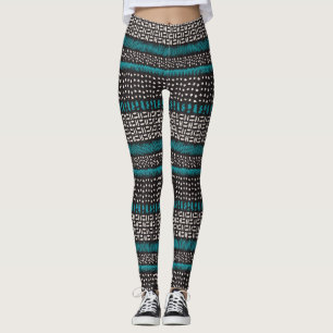 Legging Pontos de Teal Branco Preto Mancha Padrão Zigzags