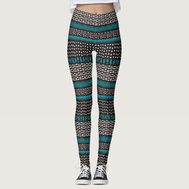 Legging Pontos negros do Teal branco mancha o padrão Zigza (Frente)