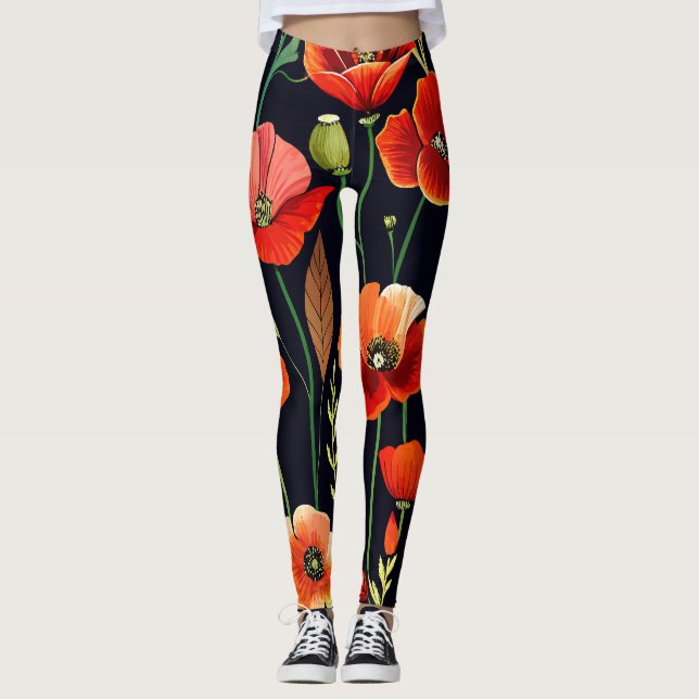 Legging Poppies de Aquarela a Preto (Frente)