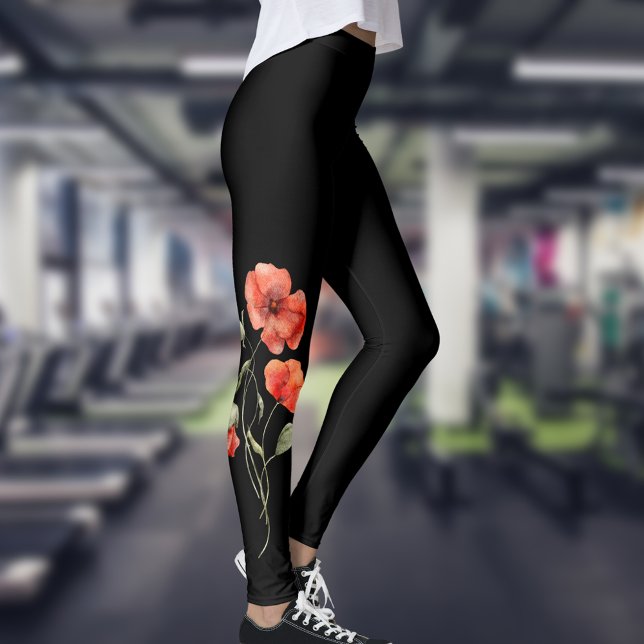 Legging Poppies de Aquarela a Preto (Criador carregado)