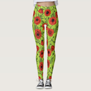 Legging Poppies, vermelhos e verdes no verde limão