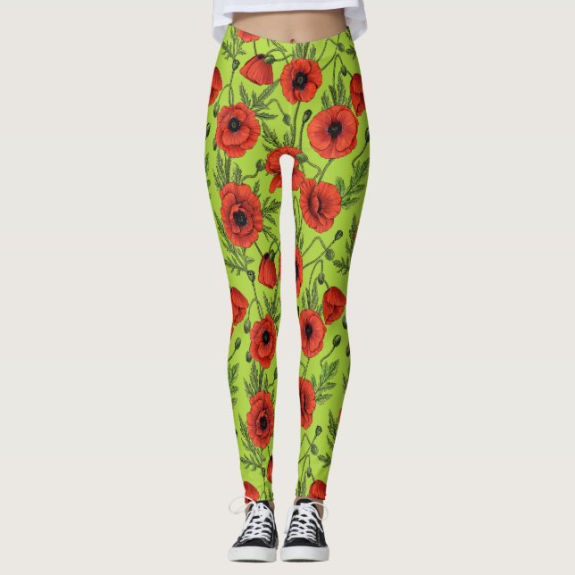 Legging Poppies, vermelhos e verdes no verde limão (Frente)