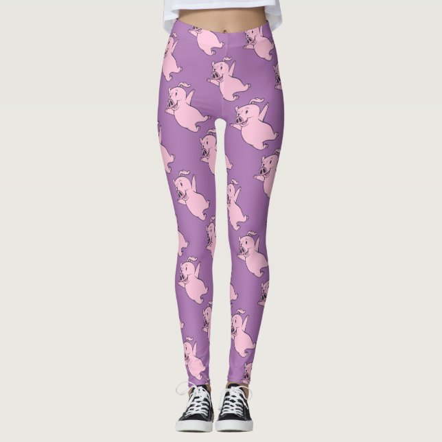 Legging Porco cor-de-rosa feliz que salta Thunder_Cove (Frente)