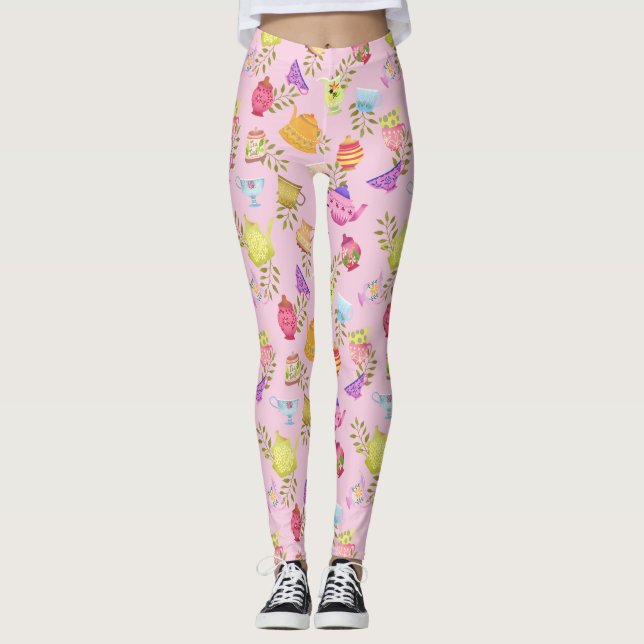 Legging Potes de chá e copos rosa (Frente)
